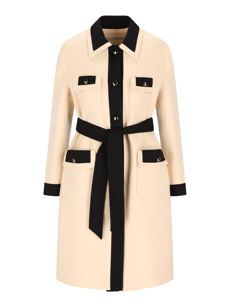 Belted contrast-trim coat
