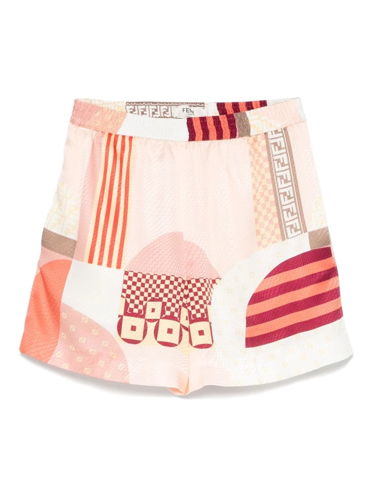 Fendi Vibrant Patchwork Silk Shorts With Relaxed Fit In Pink