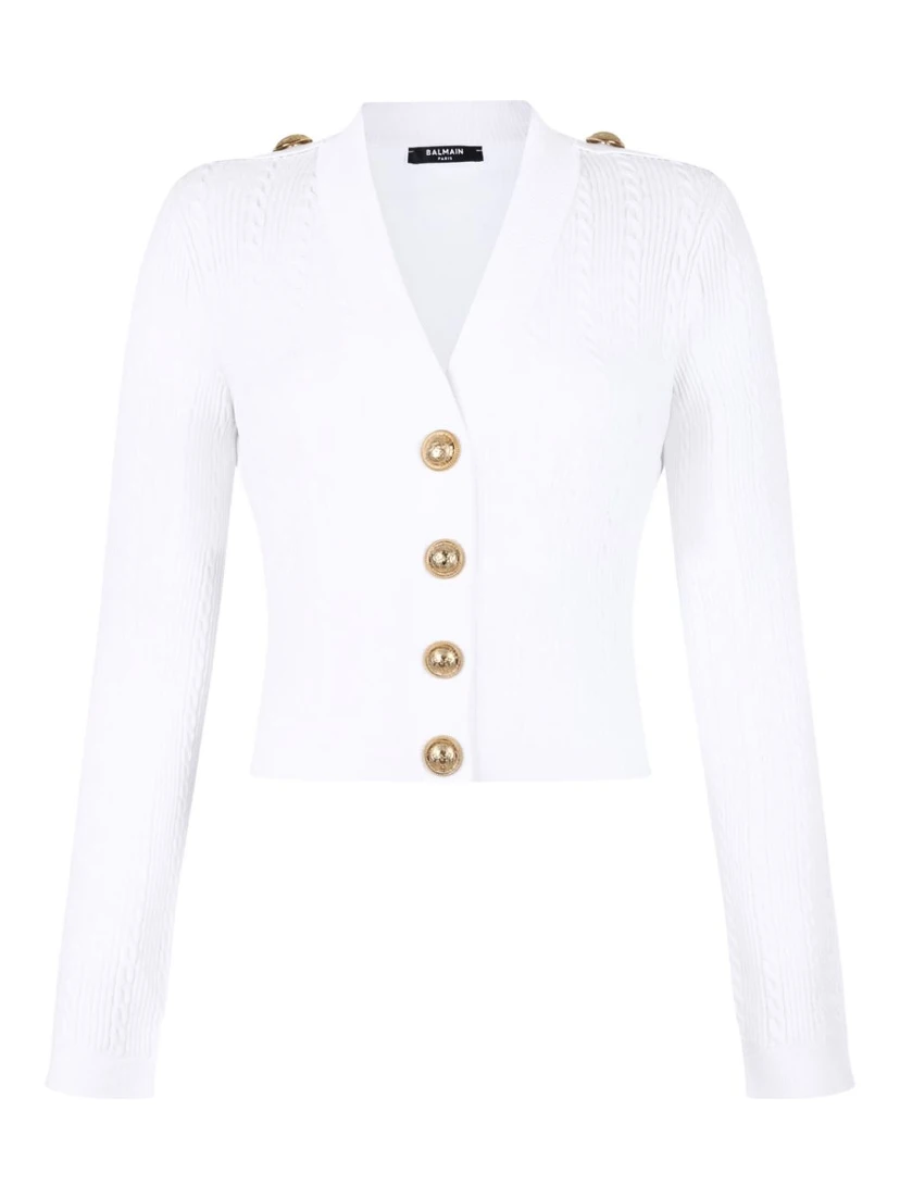 V-neck Cable Knit Cardigan With Gold-tone Buttons