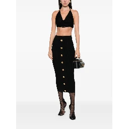 cable-knit button-front midi fitted skirt