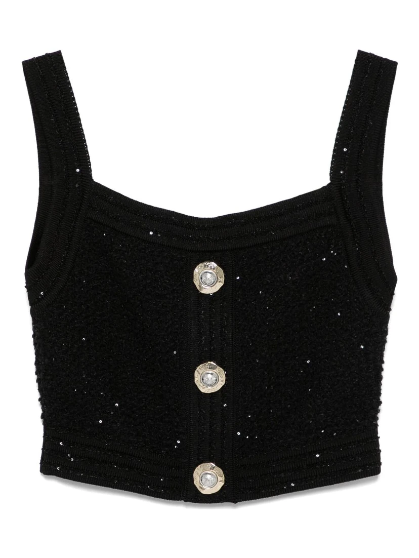 Cropped Button-embellished Metallic Ribbed-knit Top In Black