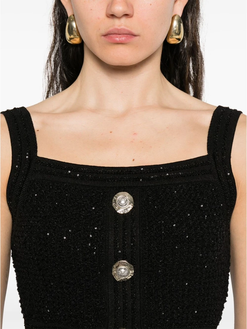 Cropped Button-embellished Metallic Ribbed-knit Top In Black