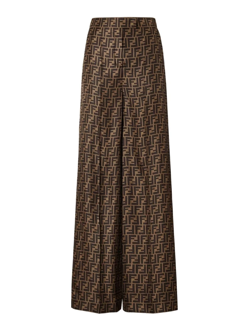 Ff Silk Twill Wide Leg Trousers In Brown