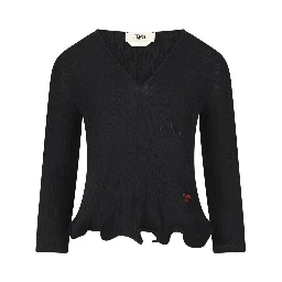 V-neck Ribbed Top With Ruffles Clothing In Black