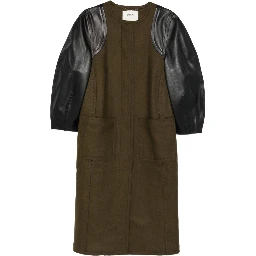 Wool coat with leather sleeves