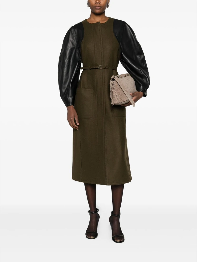Wool coat with leather sleeves