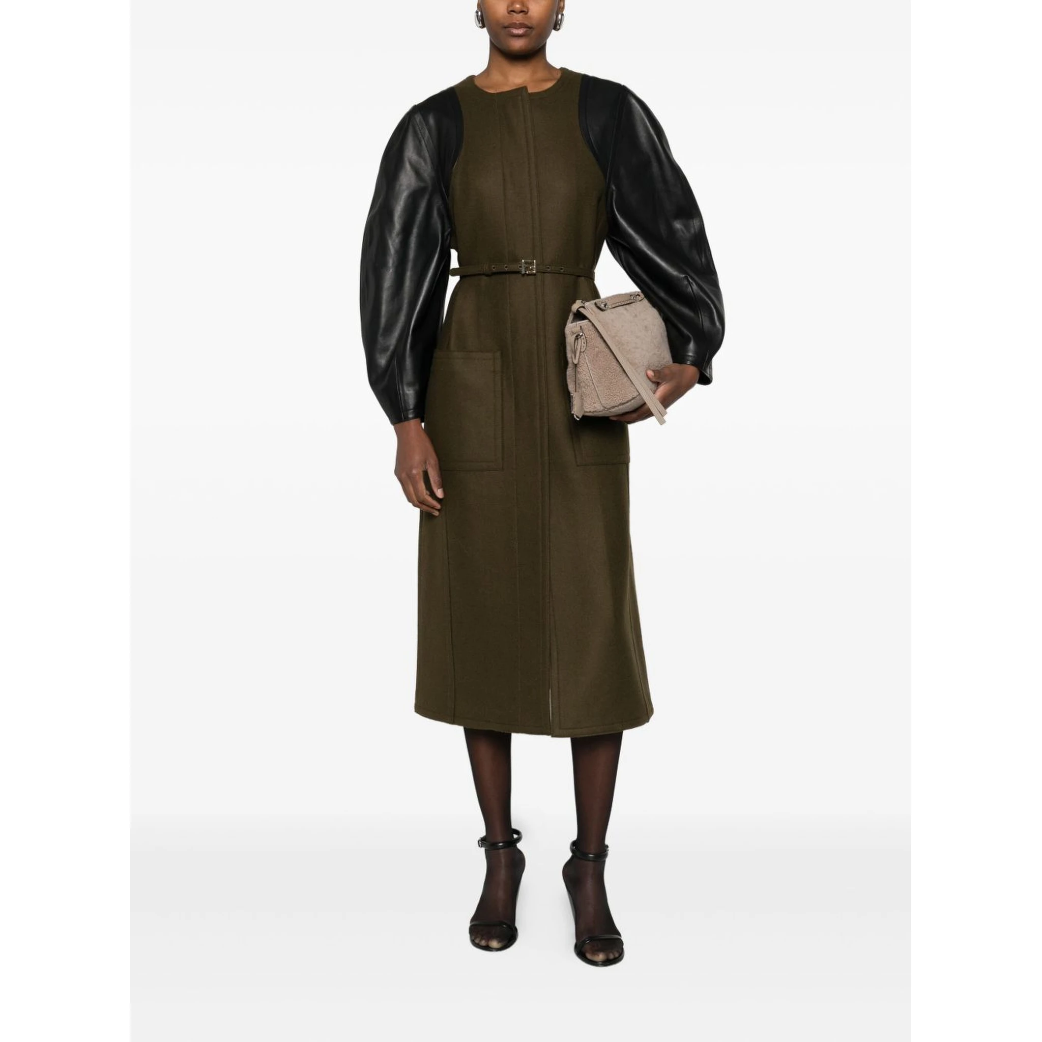 Wool coat with leather sleeves