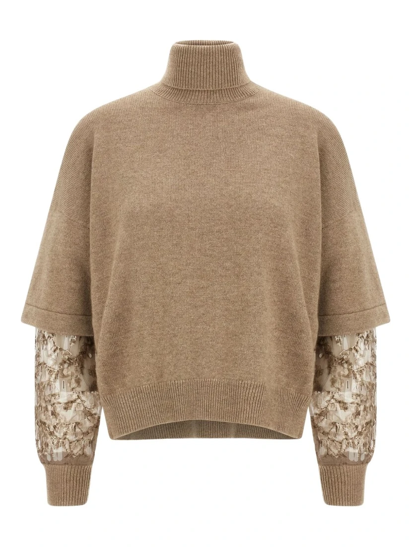 Cashmere Turtleneck Sweater With Sheer Sequined Sleeves In Brown