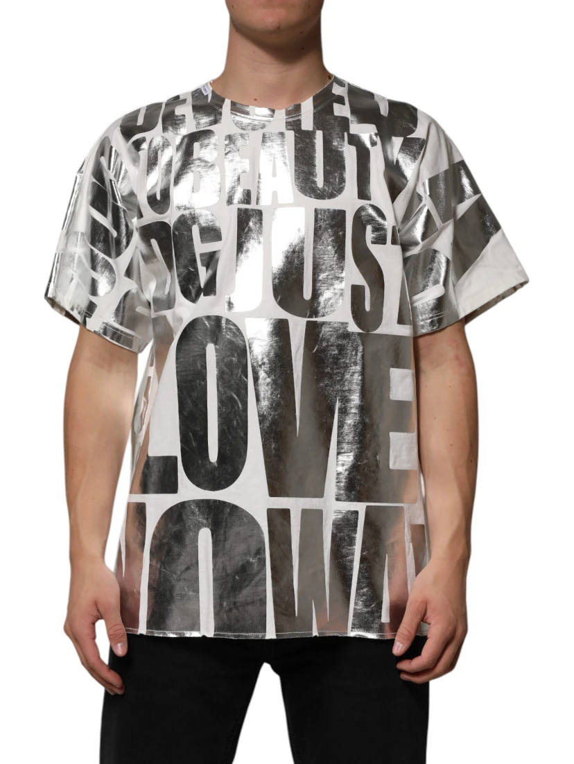 White Cotton Silver Metallic Slogan Print T-shirt