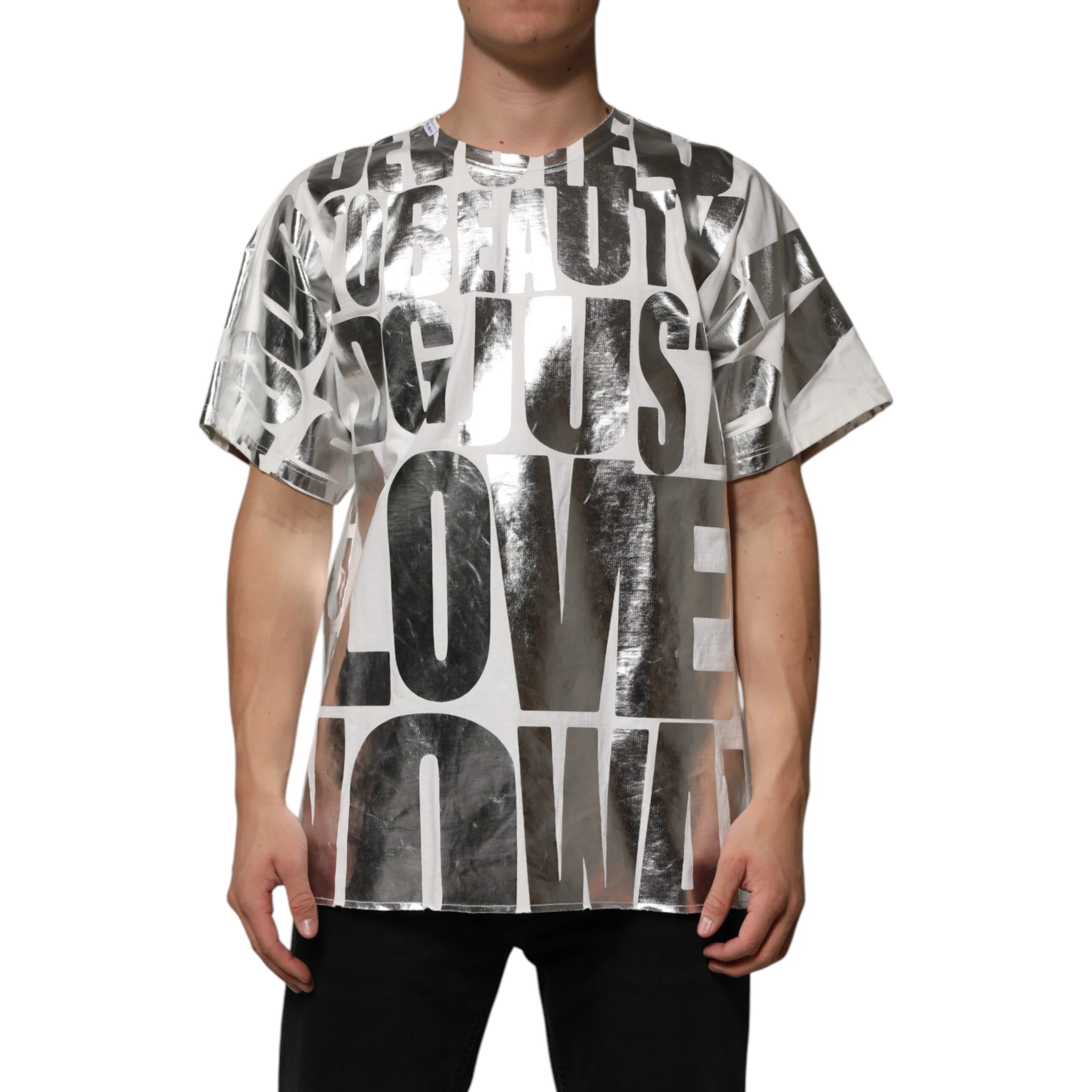 White Cotton Silver Metallic Slogan Print T-shirt