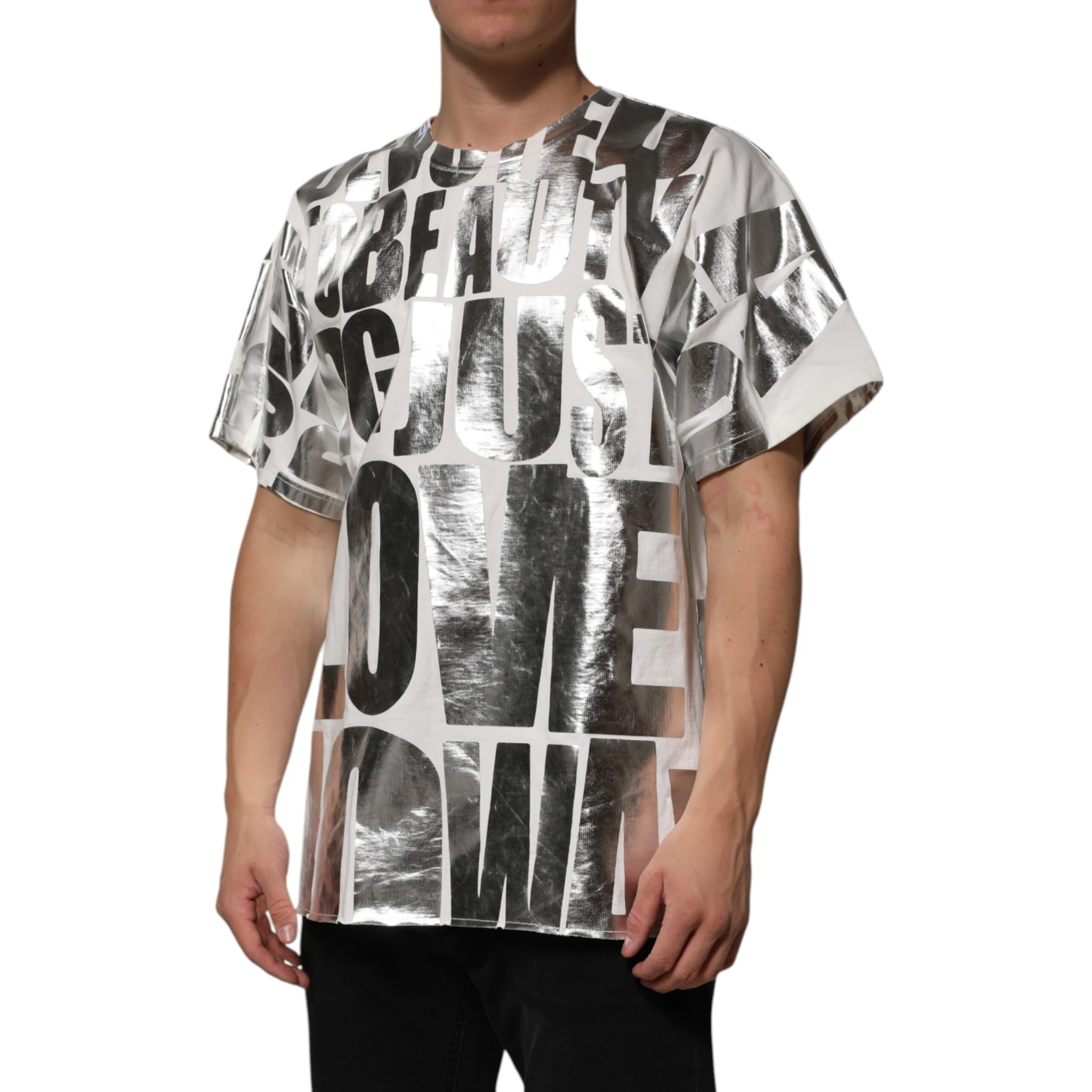 White Cotton Silver Metallic Slogan Print T-shirt
