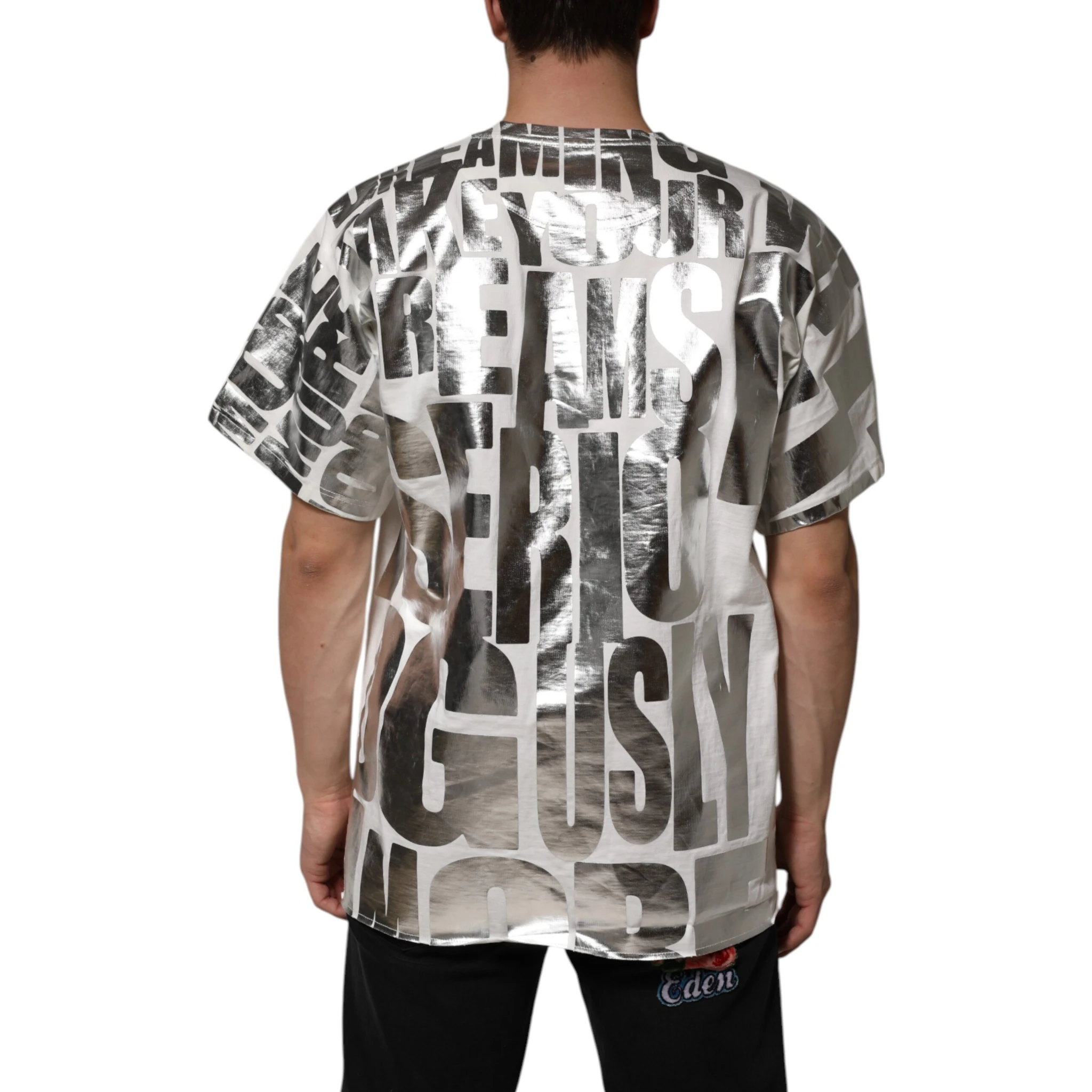 White Cotton Silver Metallic Slogan Print T-shirt