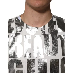 White Cotton Silver Metallic Slogan Print T-shirt