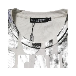White Cotton Silver Metallic Slogan Print T-shirt