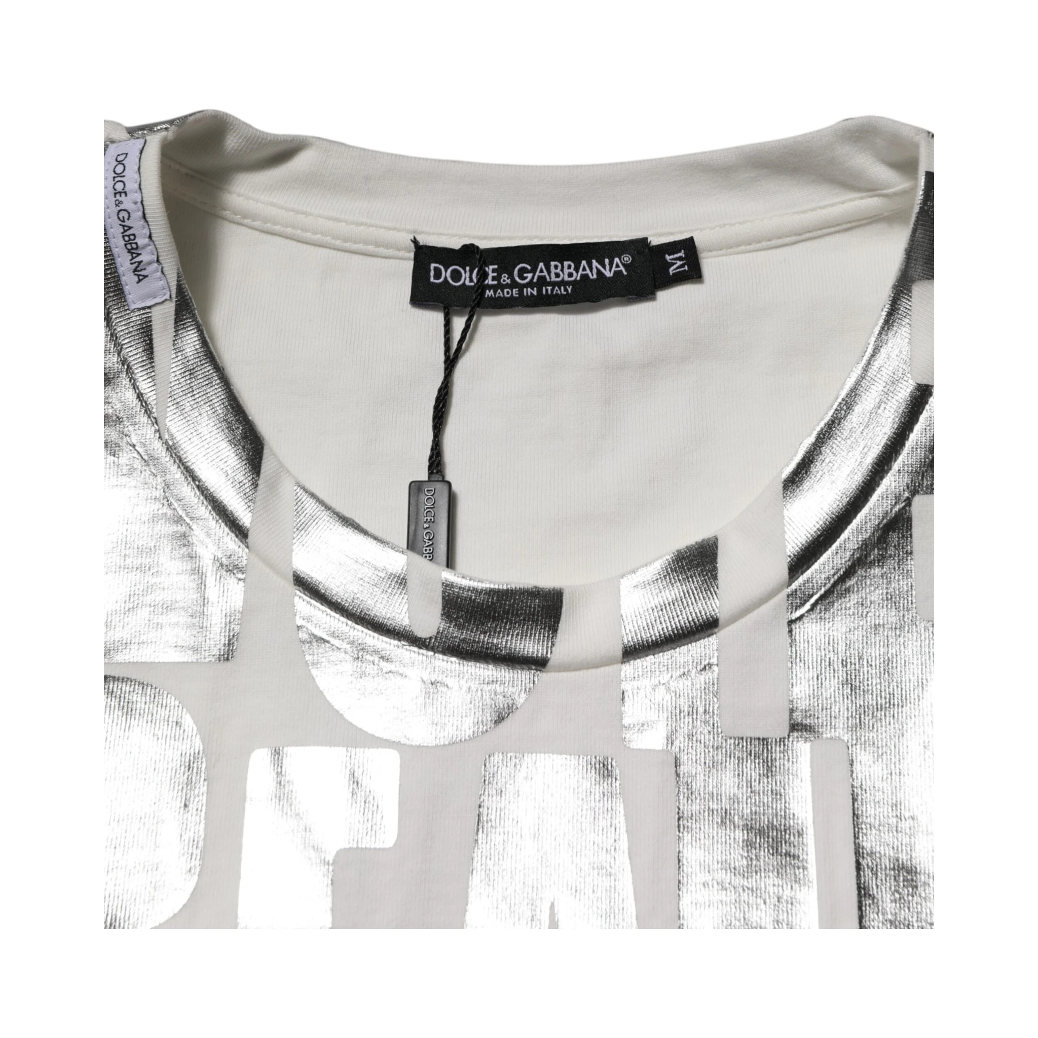 White Cotton Silver Metallic Slogan Print T-shirt