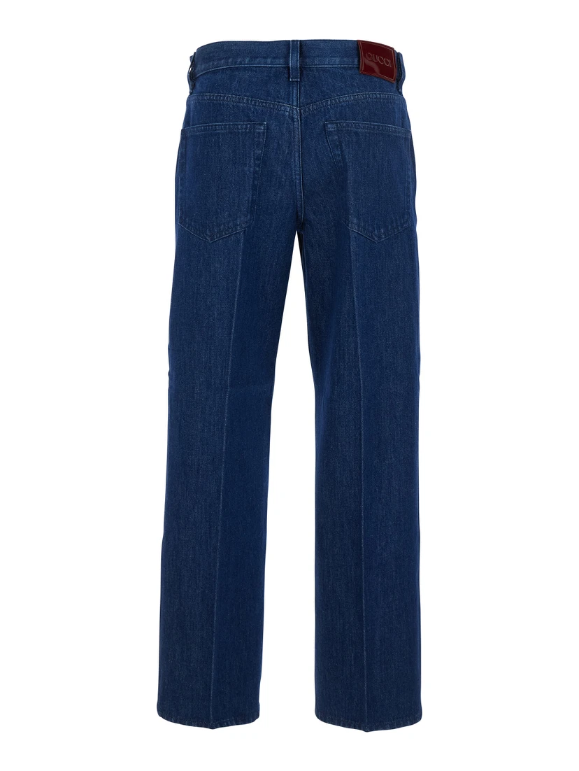 Blue Jeans with Front Pences and Logo Patch on the Rear in Denim Woman