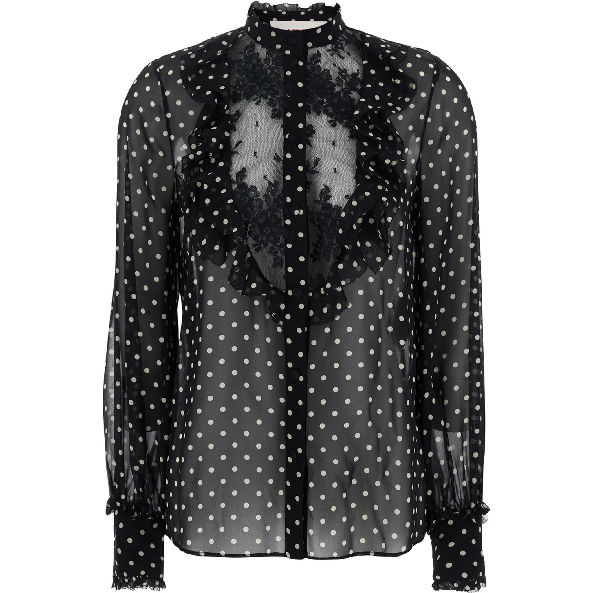 Black Crewneck Shirt with Floral Embroidery and All-Over Polka Dots Motif in Silk Woman