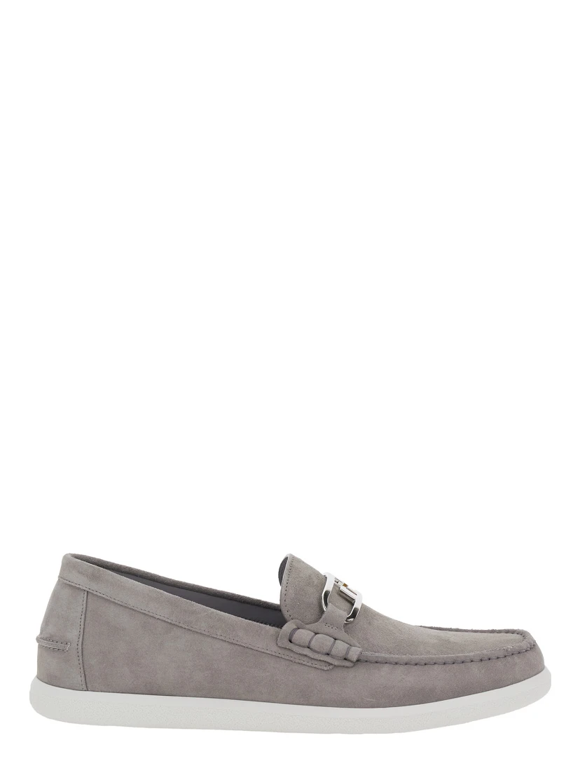 Grey Loafers with FF Metal Buckle and Contrasting Sole in Suede Man