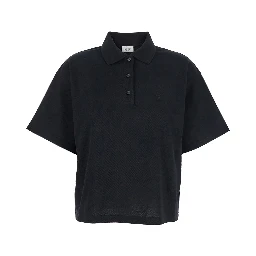 Black Oversize Polo Shirt with Classic Collar and Tonal Logo Embroidery on the Front in Cotton Piquet Woman