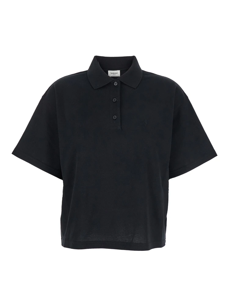 Black Oversize Polo Shirt with Classic Collar and Tonal Logo Embroidery on the Front in Cotton Piquet Woman