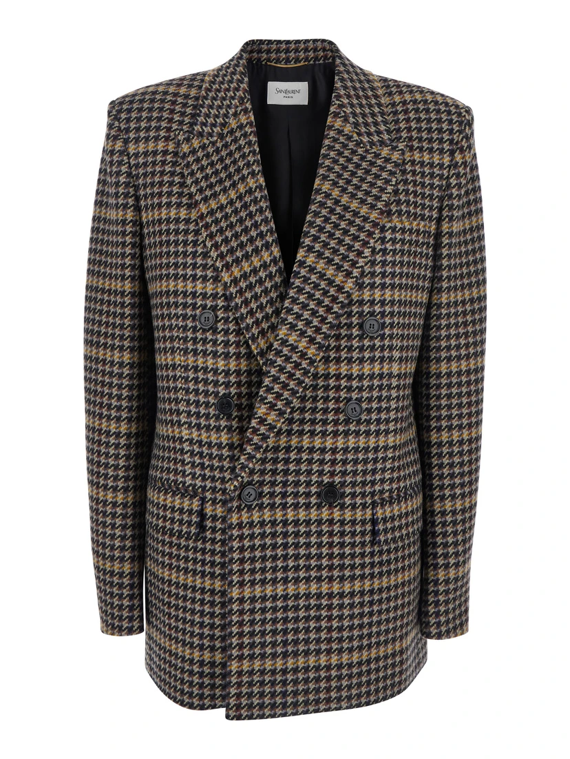 Brown Double-Breasted Jacket with Notched Revers and All-Over Check Motif in Wool Woman