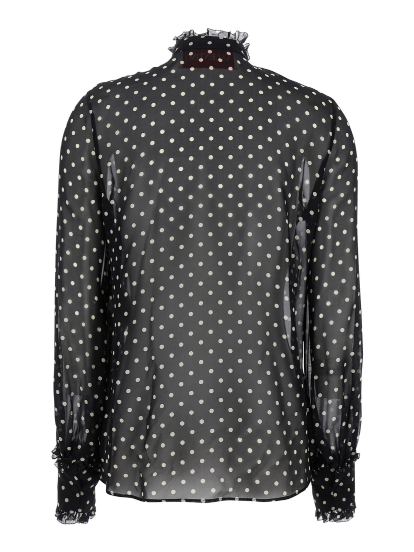 Black Crewneck Shirt with Floral Embroidery and All-Over Polka Dots Motif in Silk Woman