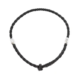 Metallic Bracelet with Intrecciato Design and Sliding Closure in Leather and Silver Man