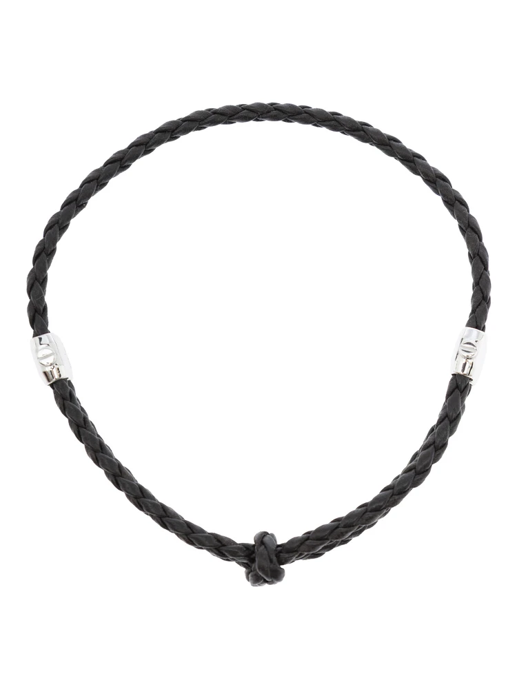 Metallic Bracelet with Intrecciato Design and Sliding Closure in Leather and Silver Man