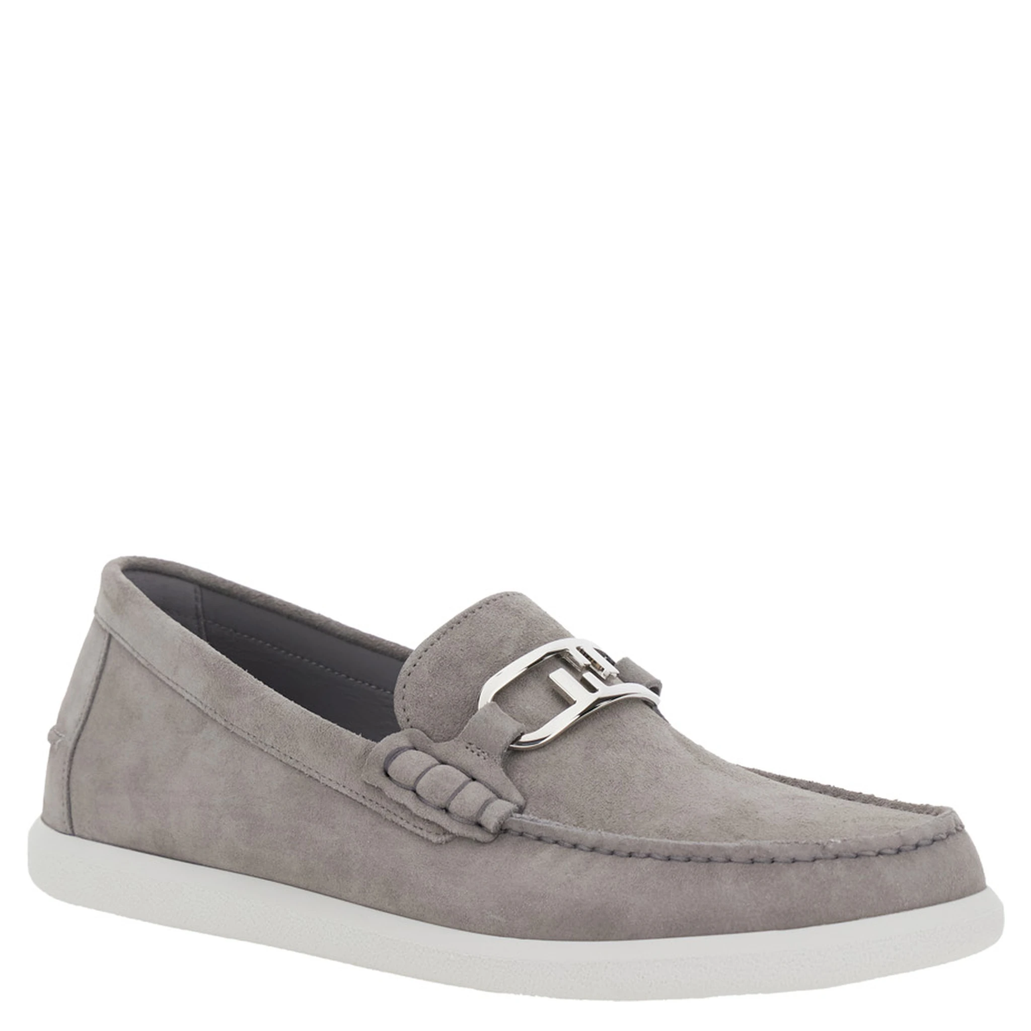 Grey Loafers with FF Metal Buckle and Contrasting Sole in Suede Man