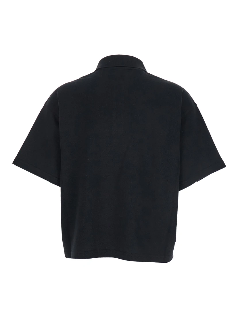Black Oversize Polo Shirt with Classic Collar and Tonal Logo Embroidery on the Front in Cotton Piquet Woman