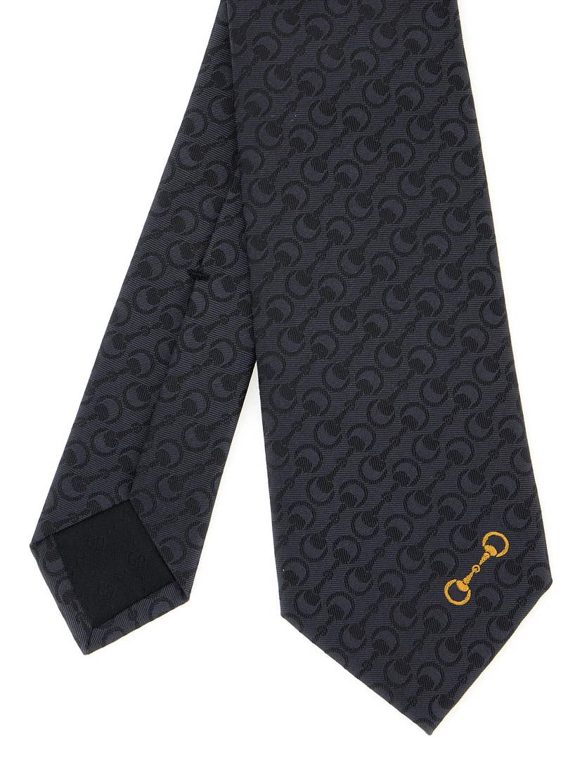 Black Tie with Horsebit and All-Over Horsebit Embroidery in Silk Man