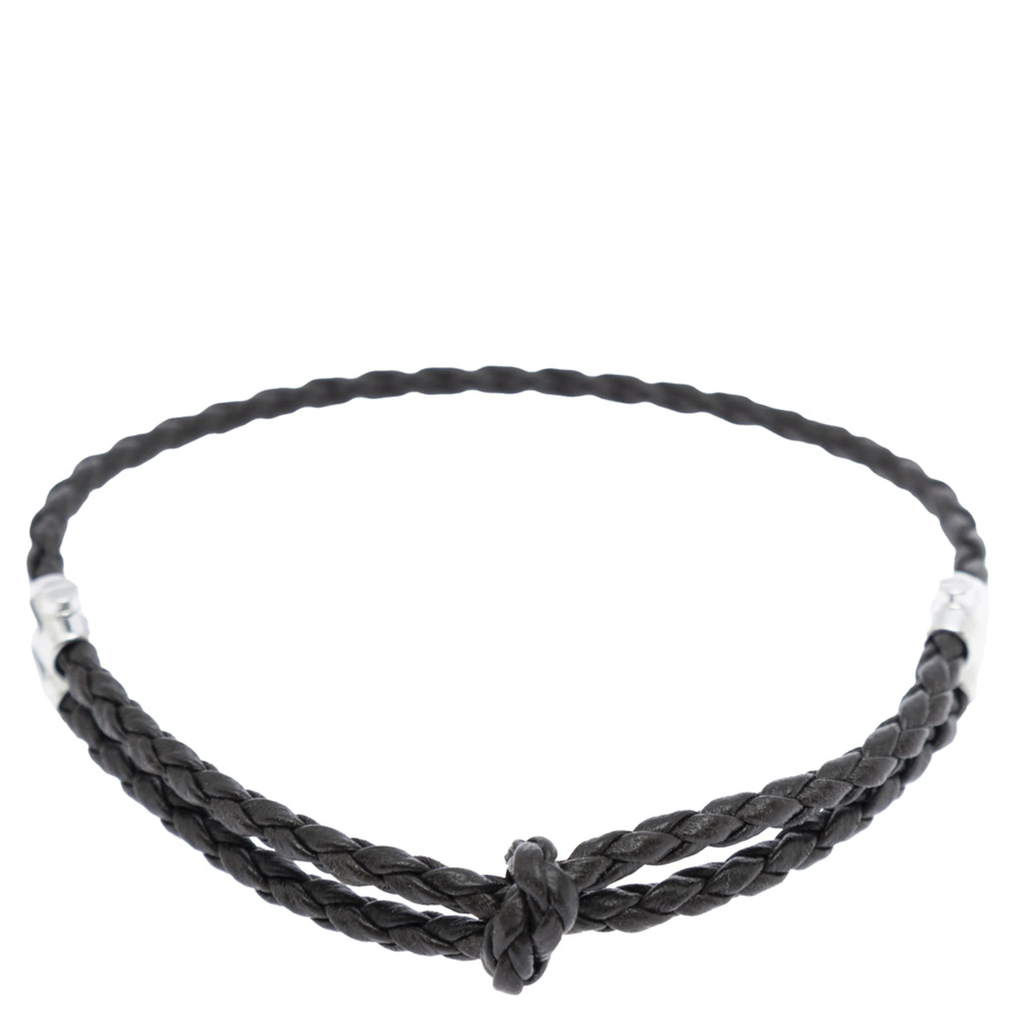 Metallic Bracelet with Intrecciato Design and Sliding Closure in Leather and Silver Man