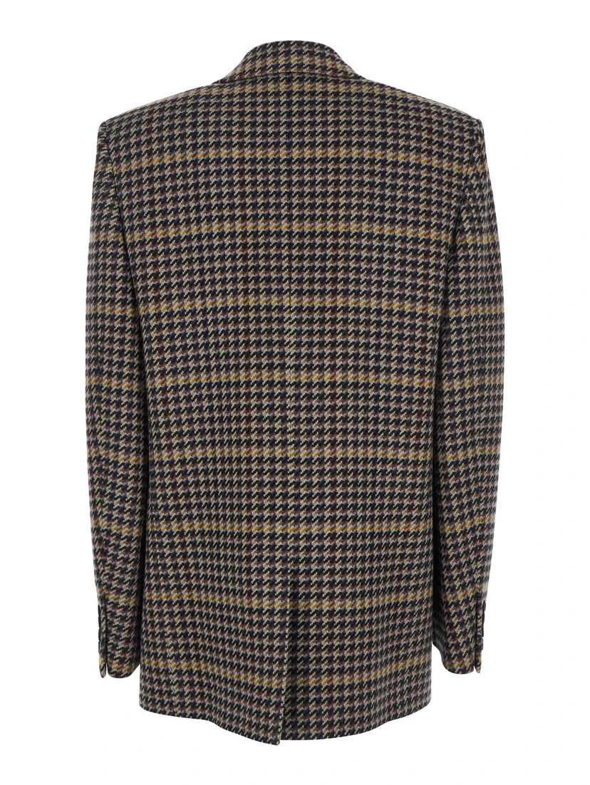 Brown Double-Breasted Jacket with Notched Revers and All-Over Check Motif in Wool Woman