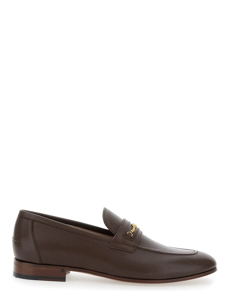 Brown Loafers with Decorative VLogo Chain-Link Strap in Leather Man