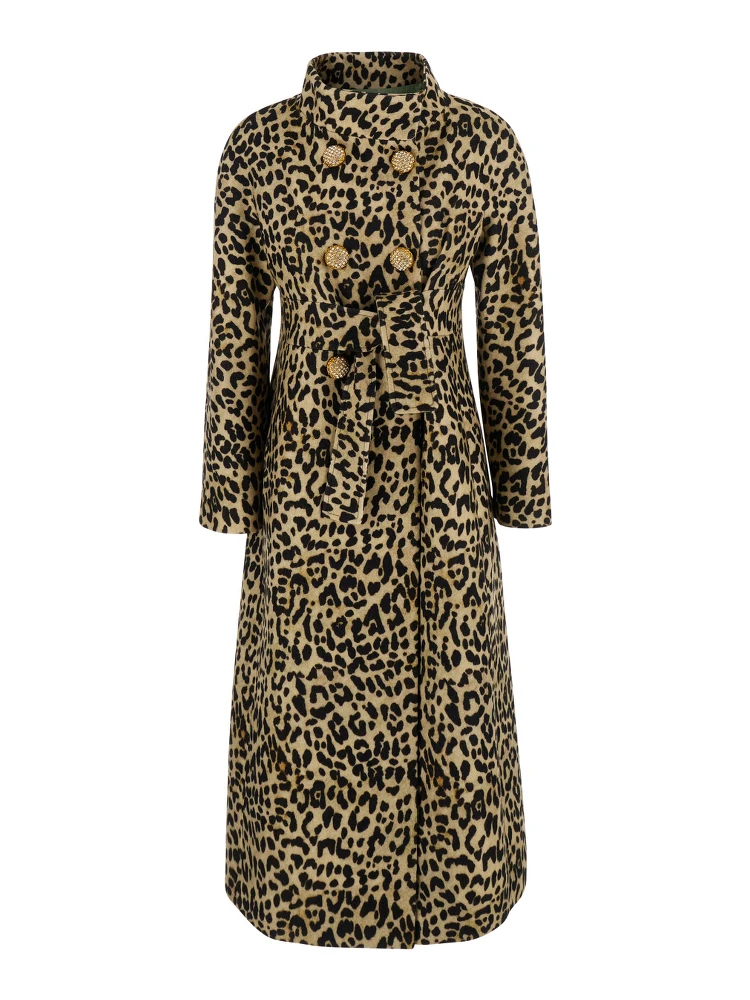 Brown Coat with Belt and All-Over Leopard Print in Wool Woman