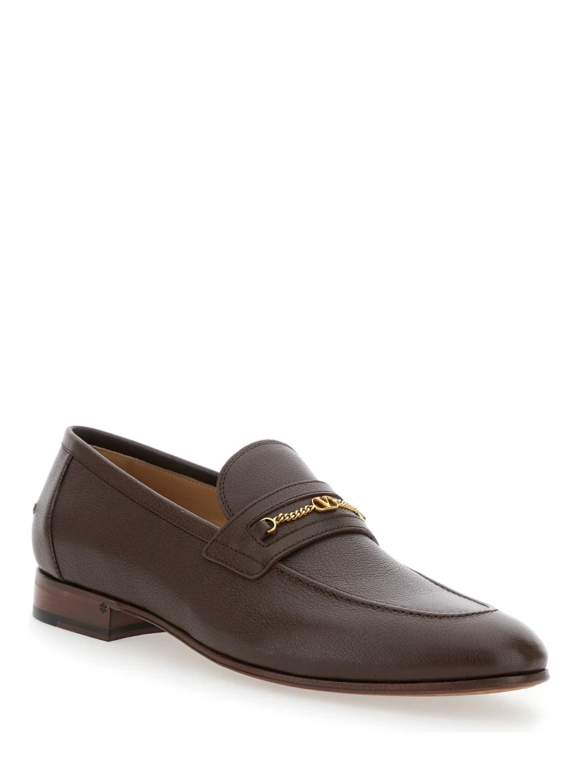 Brown Loafers with Decorative VLogo Chain-Link Strap in Leather Man