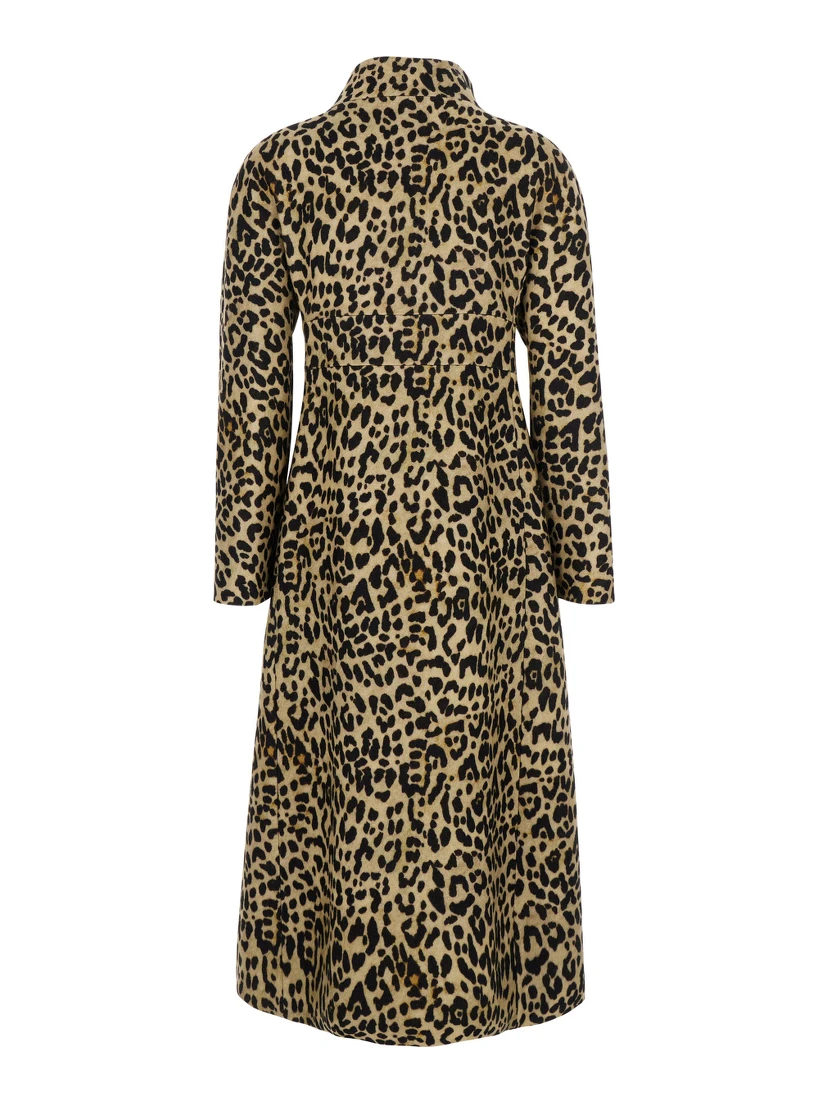 Brown Coat with Belt and All-Over Leopard Print in Wool Woman