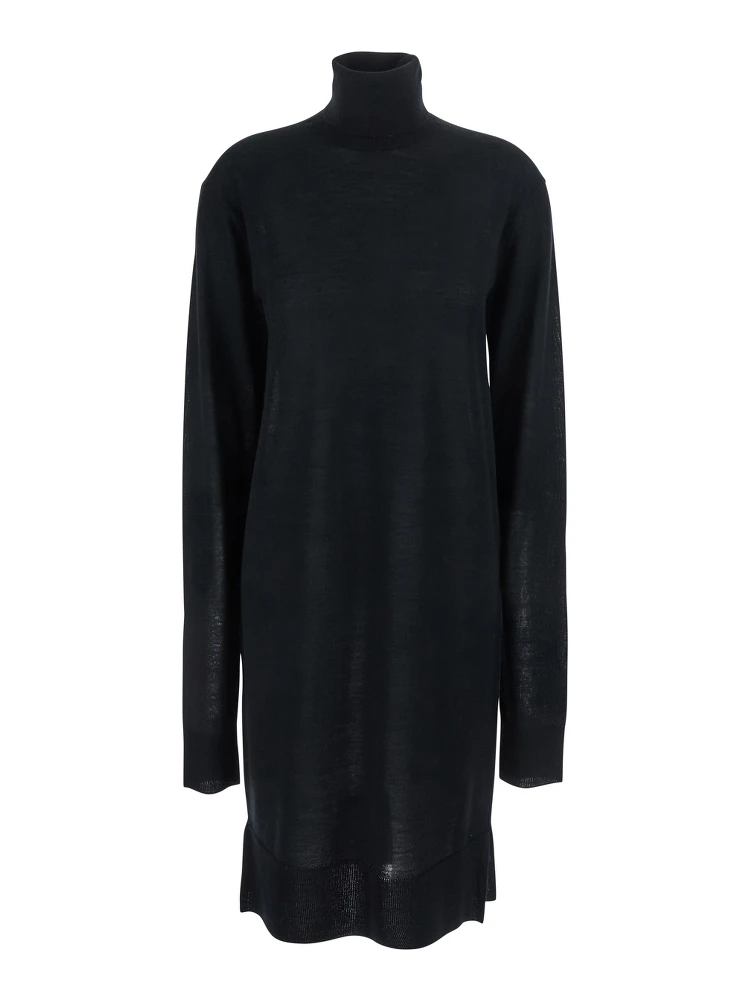 Black Turtleneck Dress with Side Slits in Wool and Silk Blend Woman
