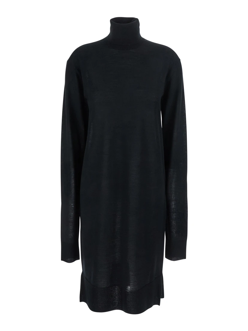 Black Turtleneck Dress with Side Slits in Wool and Silk Blend Woman