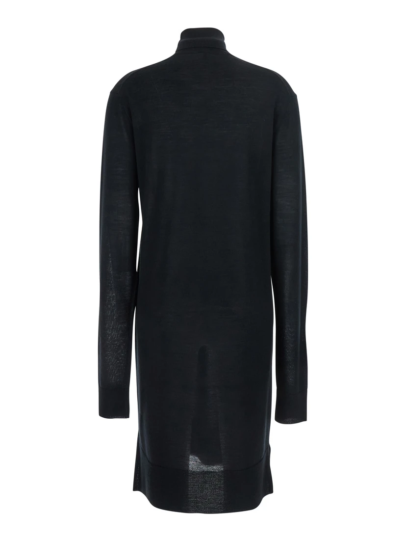 Black Turtleneck Dress with Side Slits in Wool and Silk Blend Woman