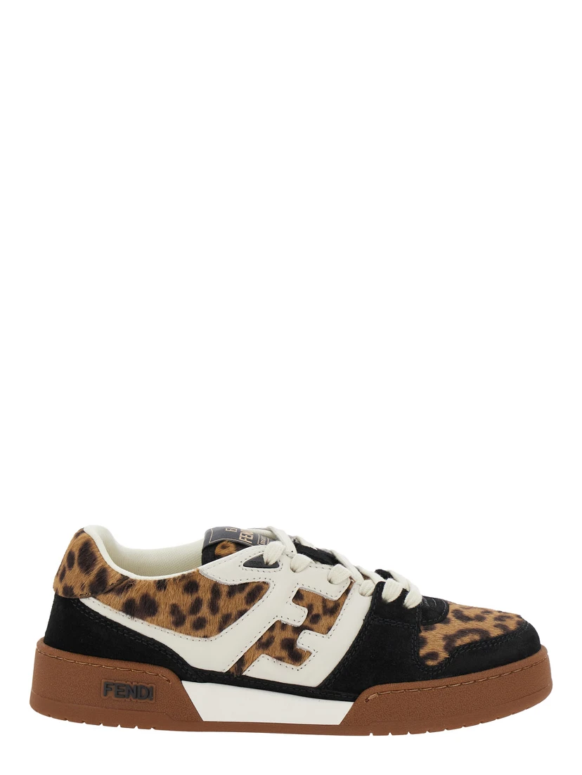 Fendi Match Brown Low Top Sneakers with FF Application and Leopard Motif in Mixed Leather Woman
