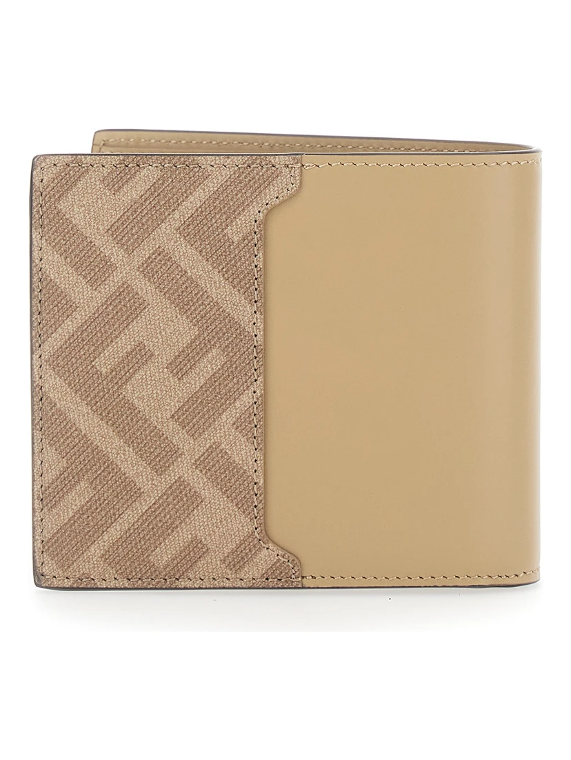 Beige Bi-Fold Wallet with FF Plaque on the Front and FF Motif in Leather Man