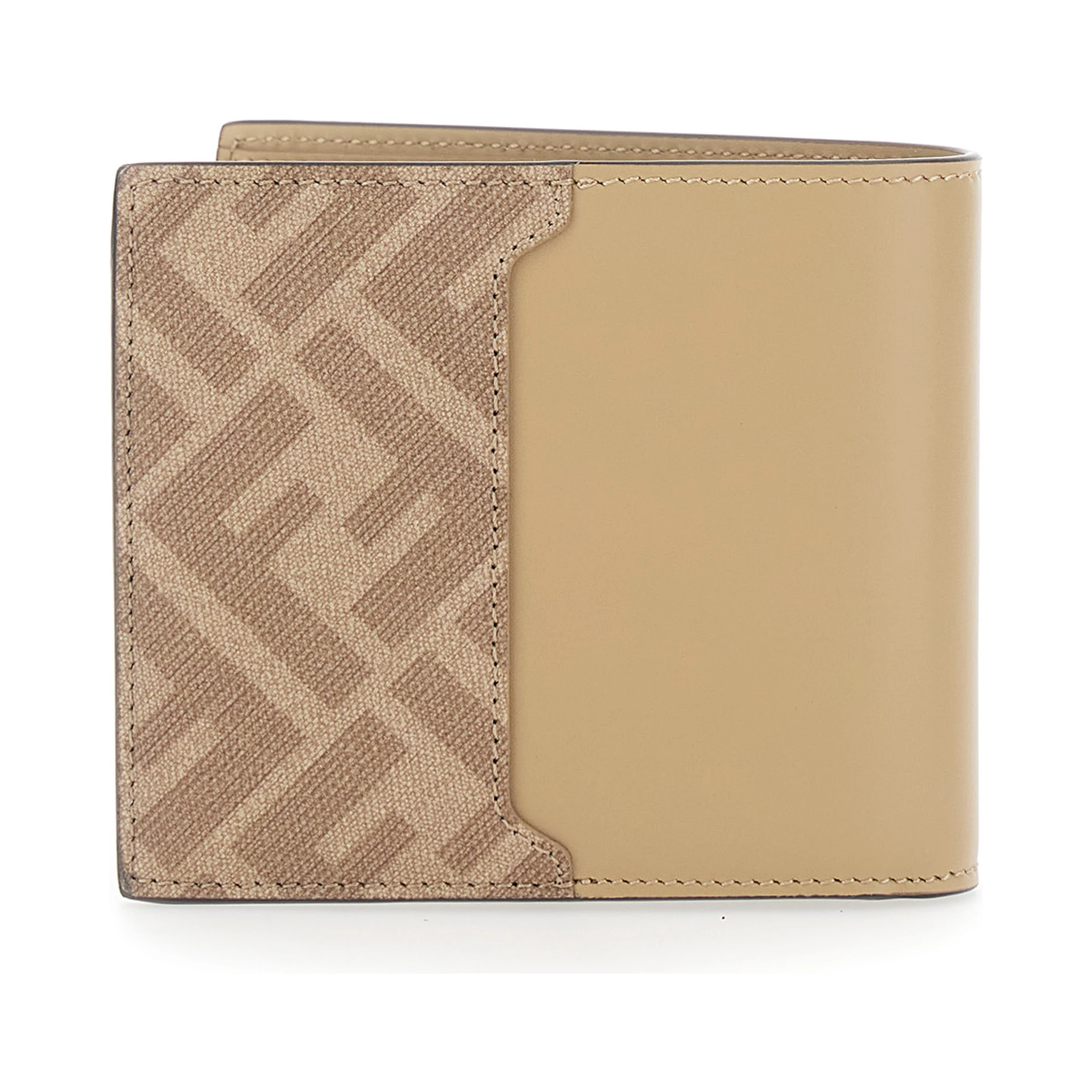 Beige Bi-Fold Wallet with FF Plaque on the Front and FF Motif in Leather Man