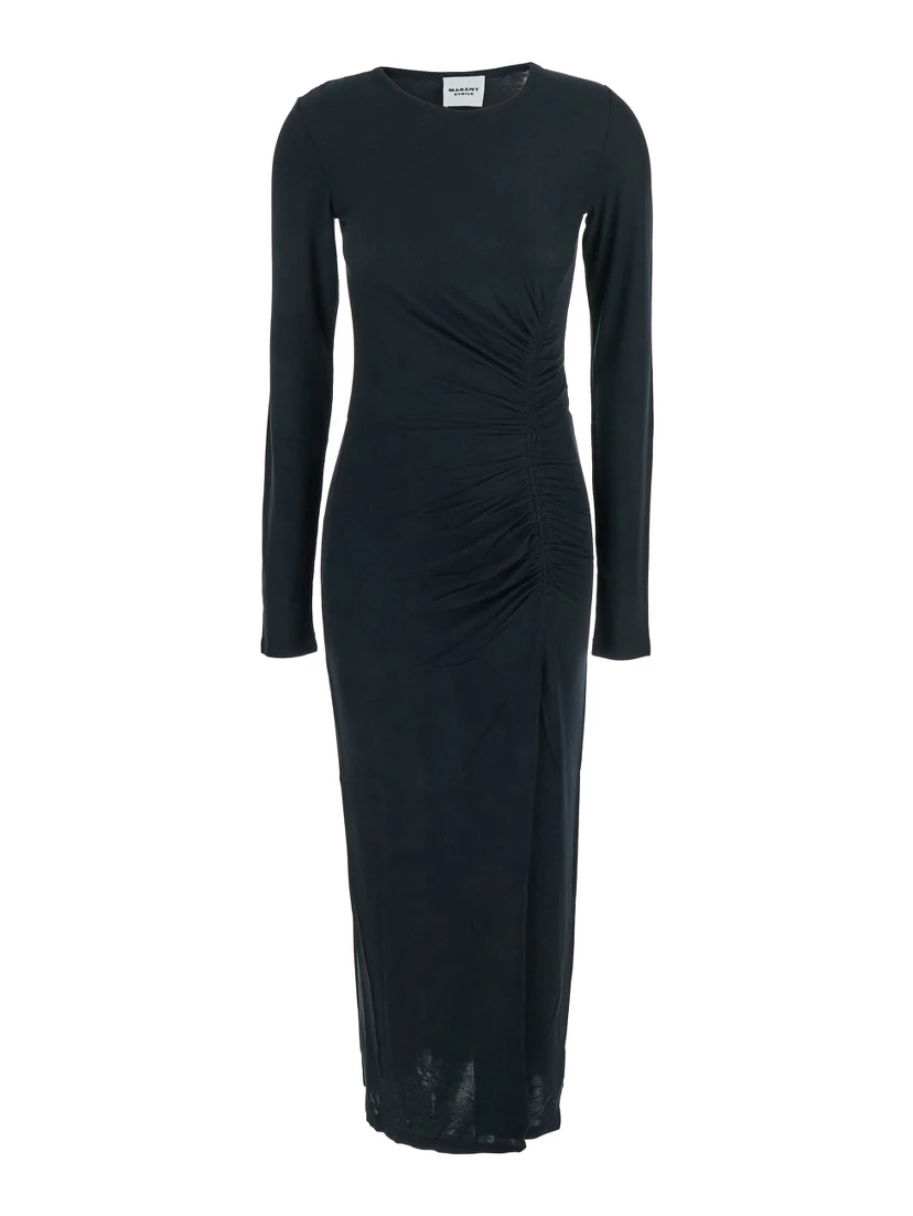 Jelina Black Midi Dress with Round Neck and Ruched Details in Modal Stretch Woman