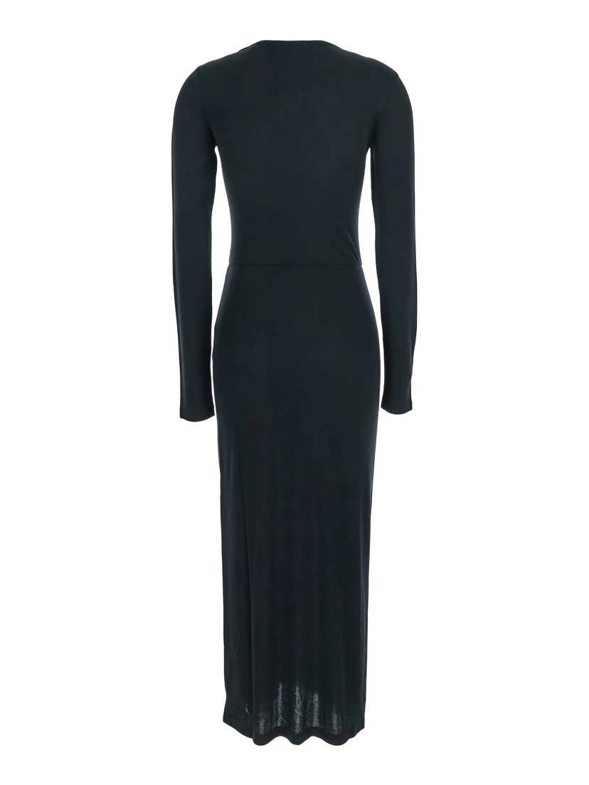 Jelina Black Midi Dress with Round Neck and Ruched Details in Modal Stretch Woman