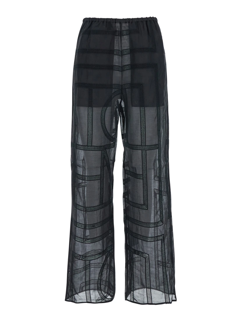 Black Elastic Waist and All-Over Logo Lettering Embroidery in Cotton and SIlk Woman