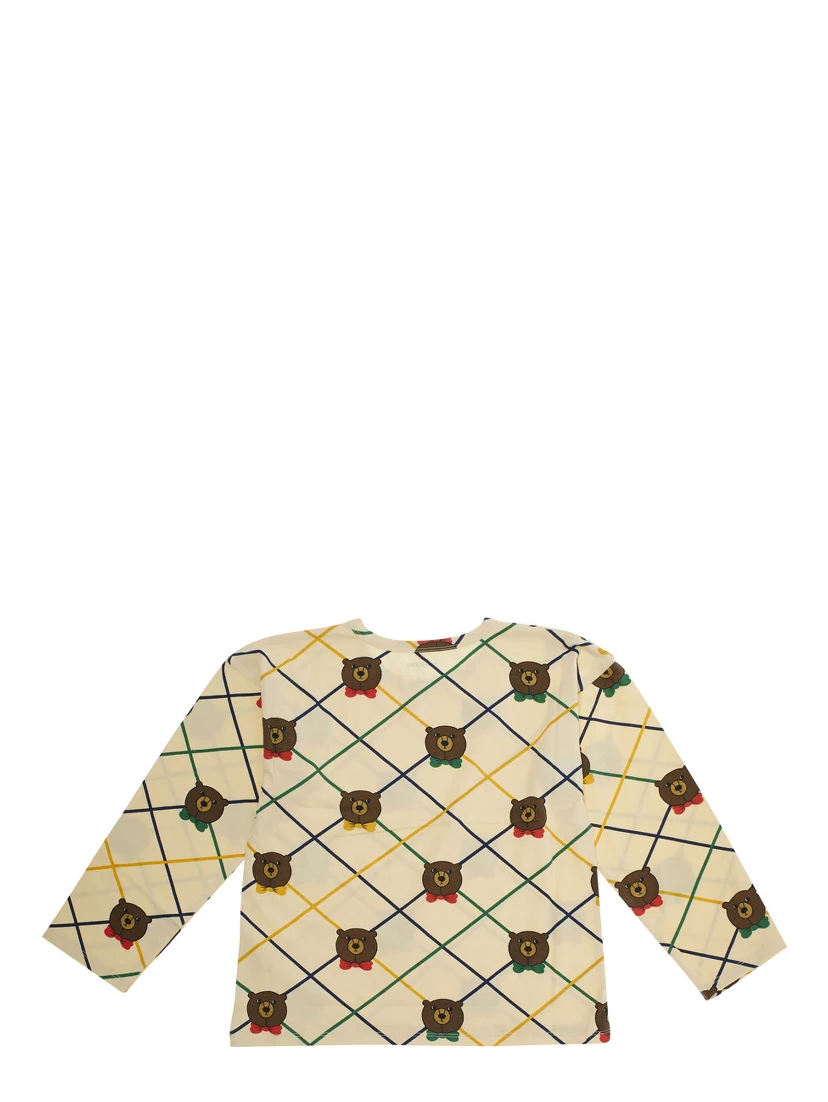 Beige Long-Sleeve T-Shirt with All-Over Check Motif and Bear Print in Cotton Girl