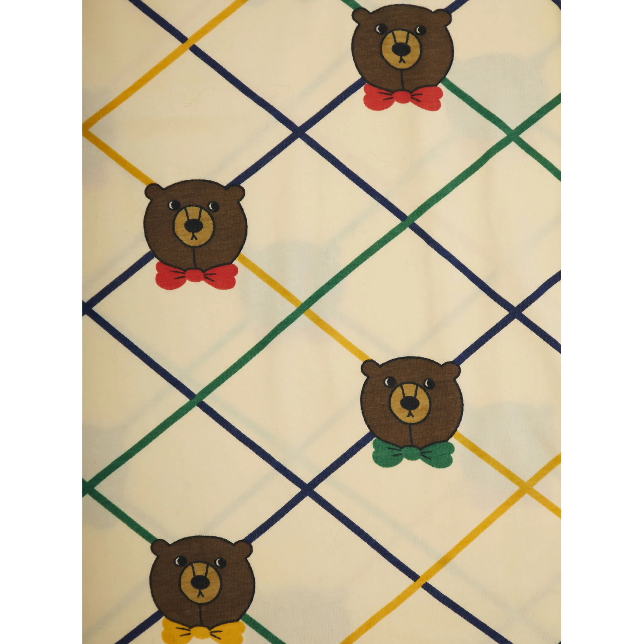 Beige Long-Sleeve T-Shirt with All-Over Check Motif and Bear Print in Cotton Girl