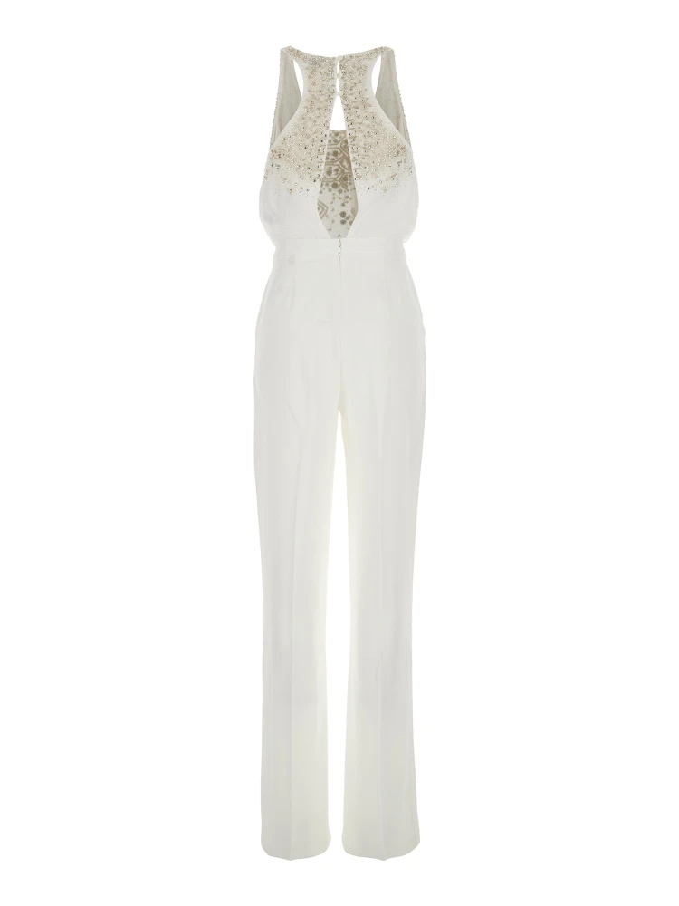 White Jumpsuit with Front Neckline and Rhinestone Application in Fabric Woman alternative