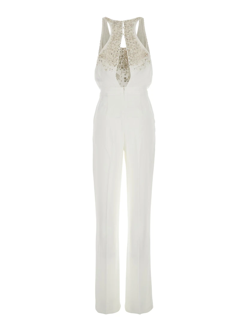White Jumpsuit with Front Neckline and Rhinestone Application in Fabric Woman